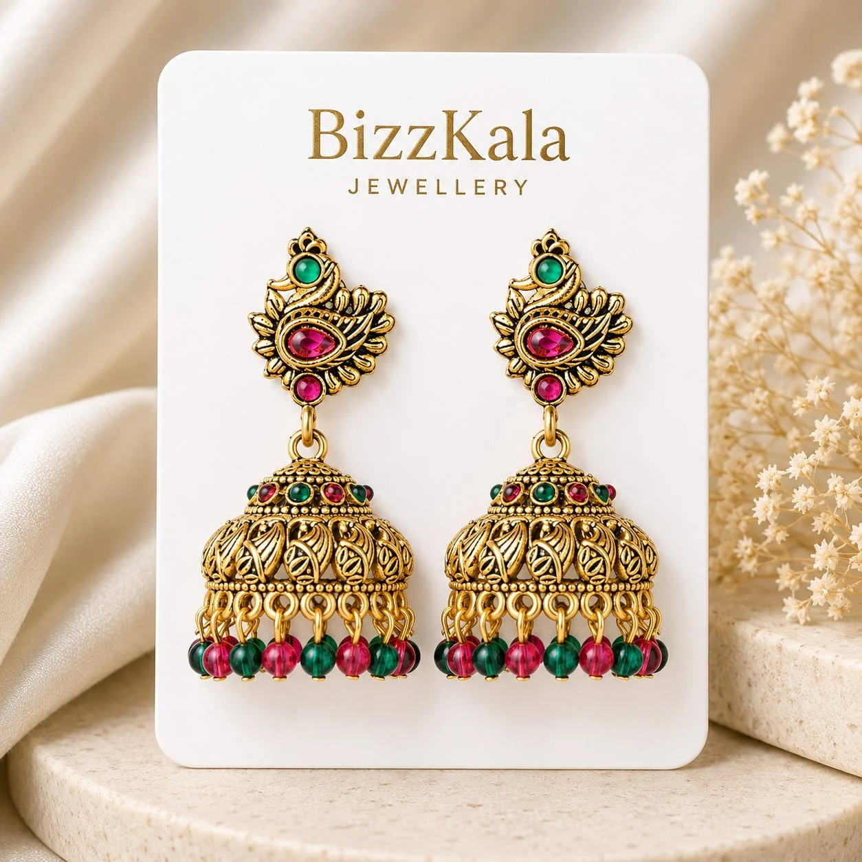 Antique Peacock Stone Jhumka for Women - Image 1
