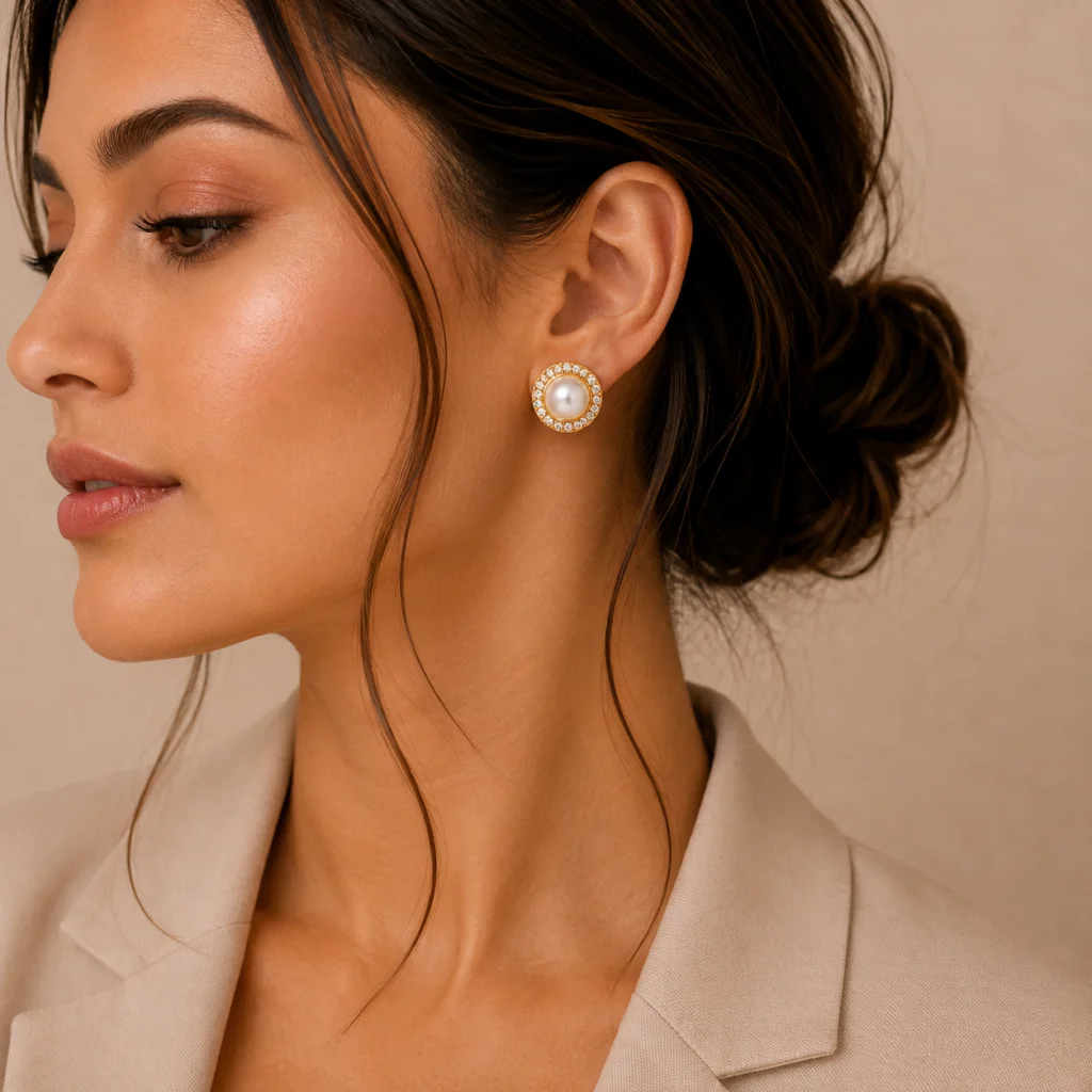 Pearl Crystal Halo Stud Earrings for Women
