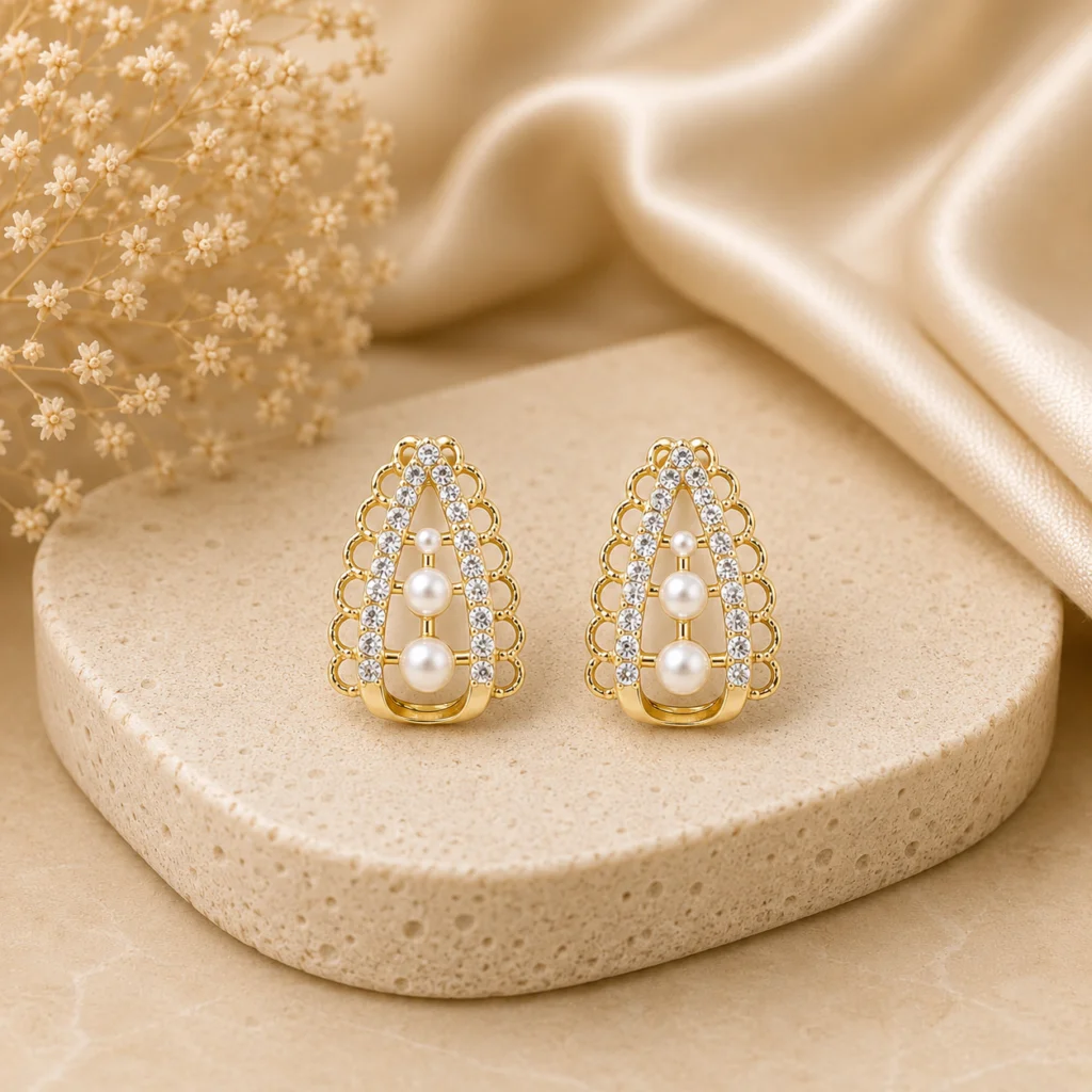 Pearl Crystal Teardrop Stud Earrings for Women