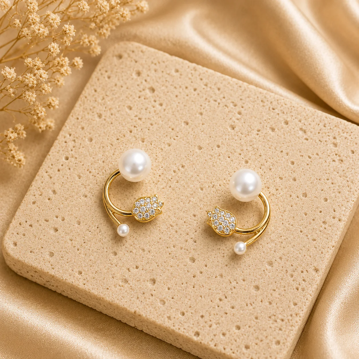 Pearl Crystal Tulip Earrings for Women - Image 3
