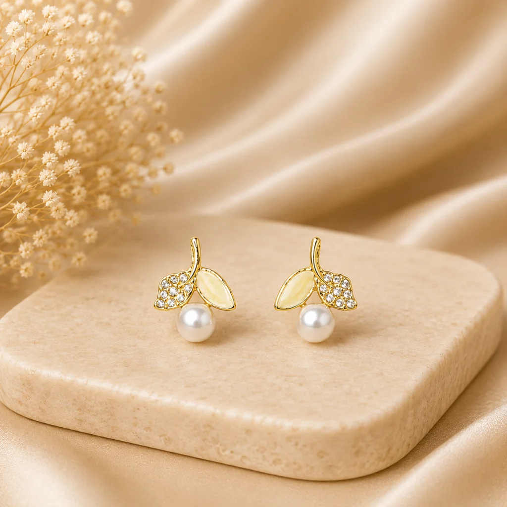 Yellow Leaf Pearl Drop Earrings for Women