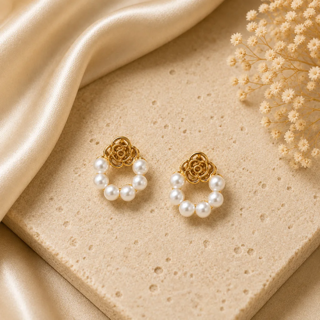 Pearl Rose Flower Stud Earrings for Women
