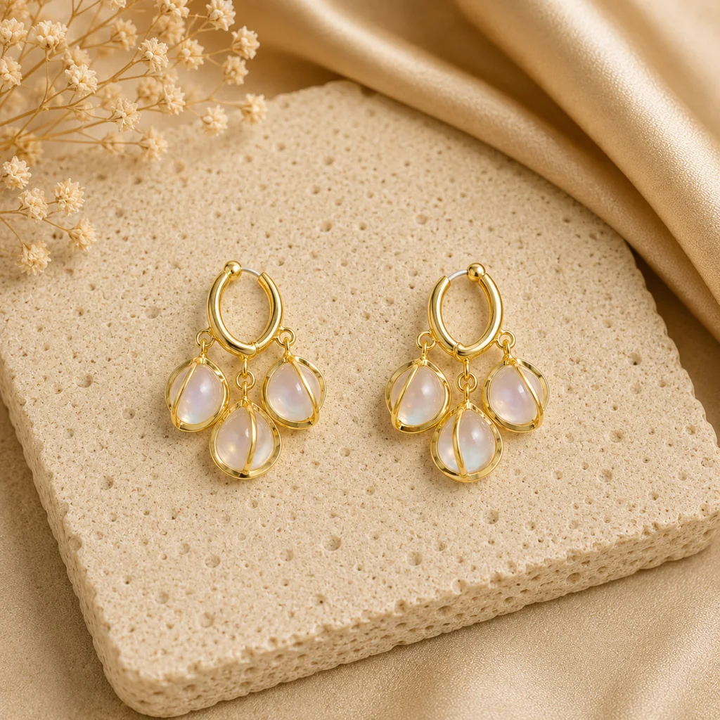 Pearl Triple Drop Hoop Earrings for Women