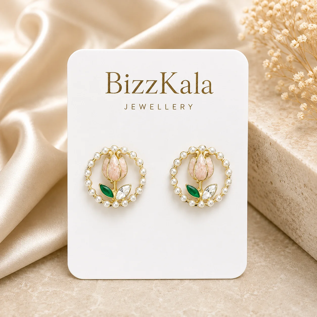 Pearl Tulip Wreath Stud Earrings for Women - Image 1