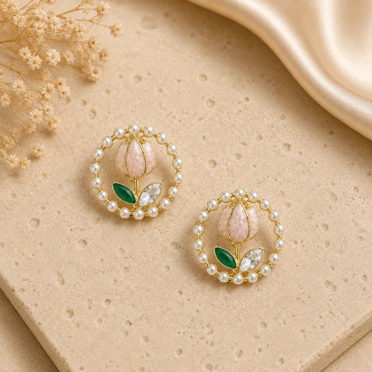 Pearl Tulip Wreath Stud Earrings for Women - Image 3