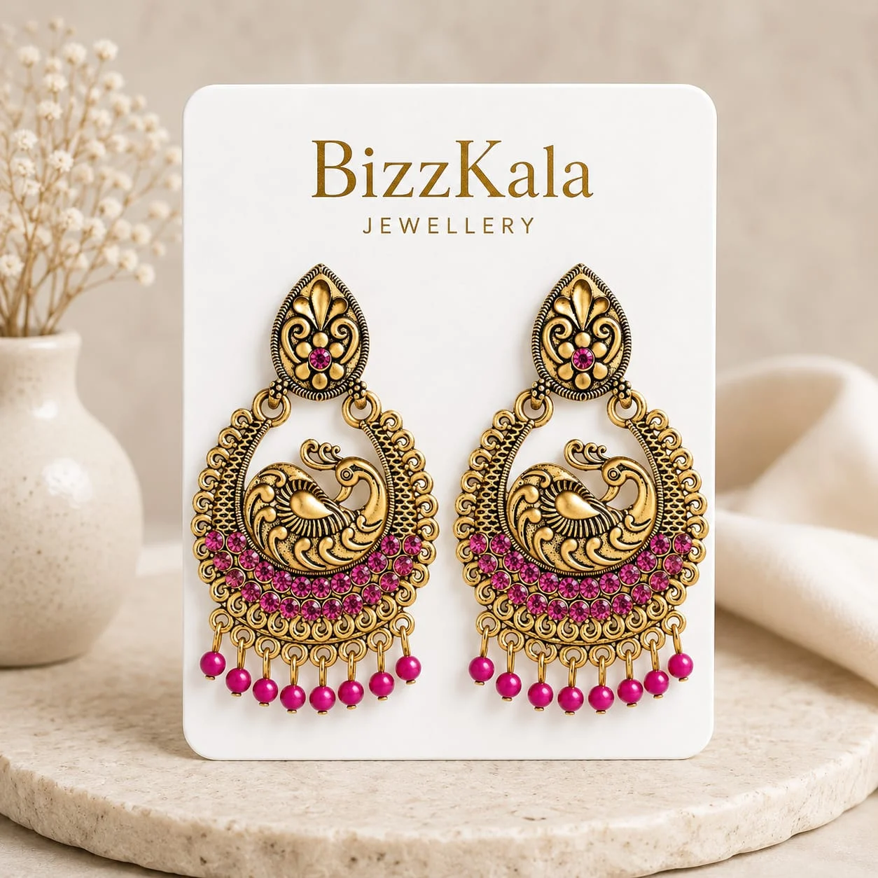 Pink Peacock Antique Jhumka for Women - Image 1
