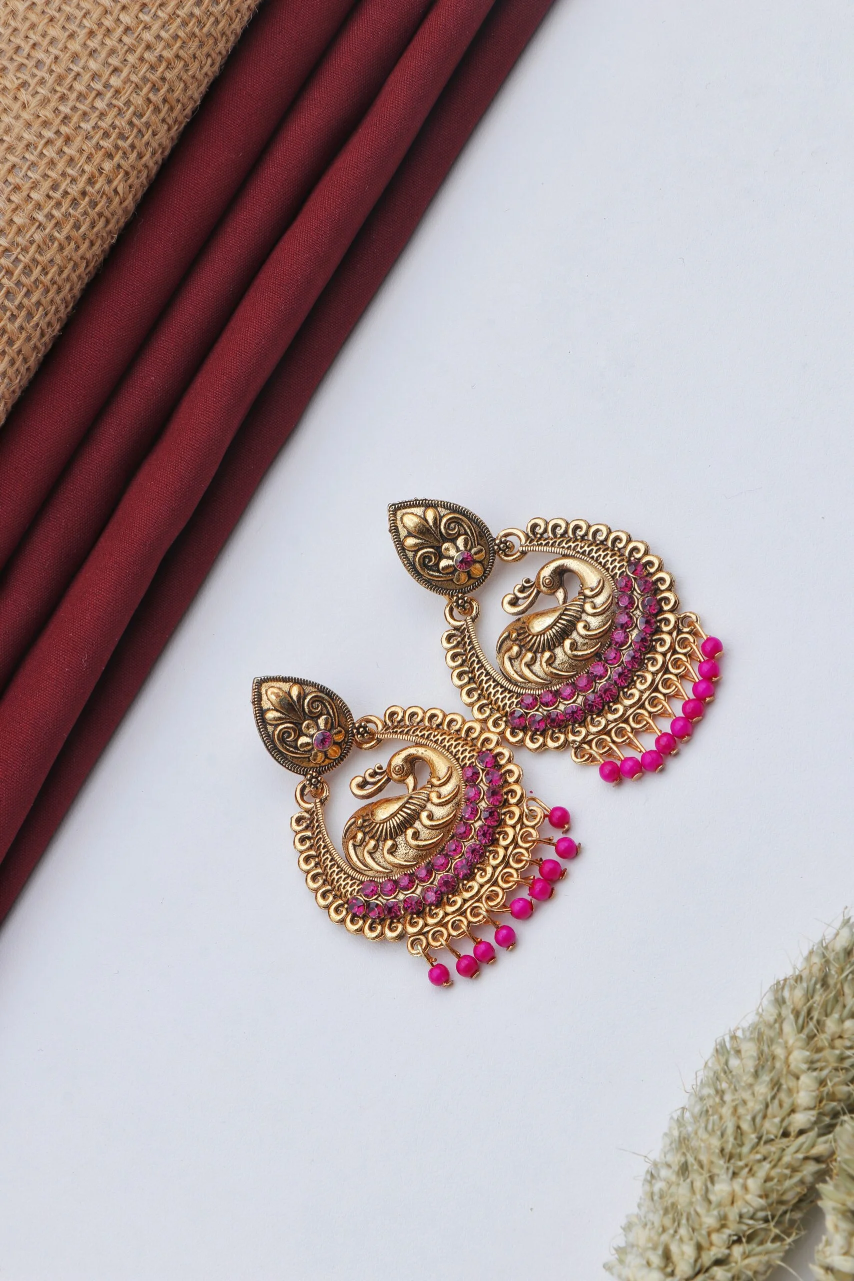 Pink Peacock Antique Jhumka for Women - Image 3