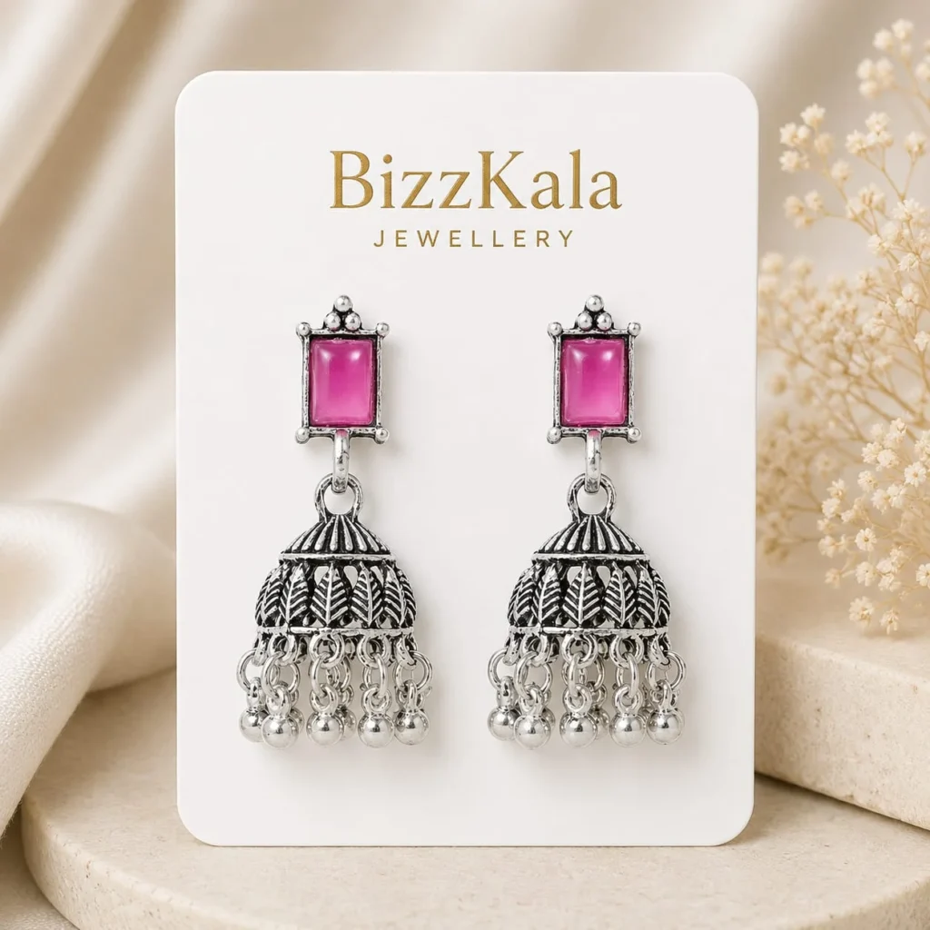 Pink Stone Oxidised Jhumka for Women