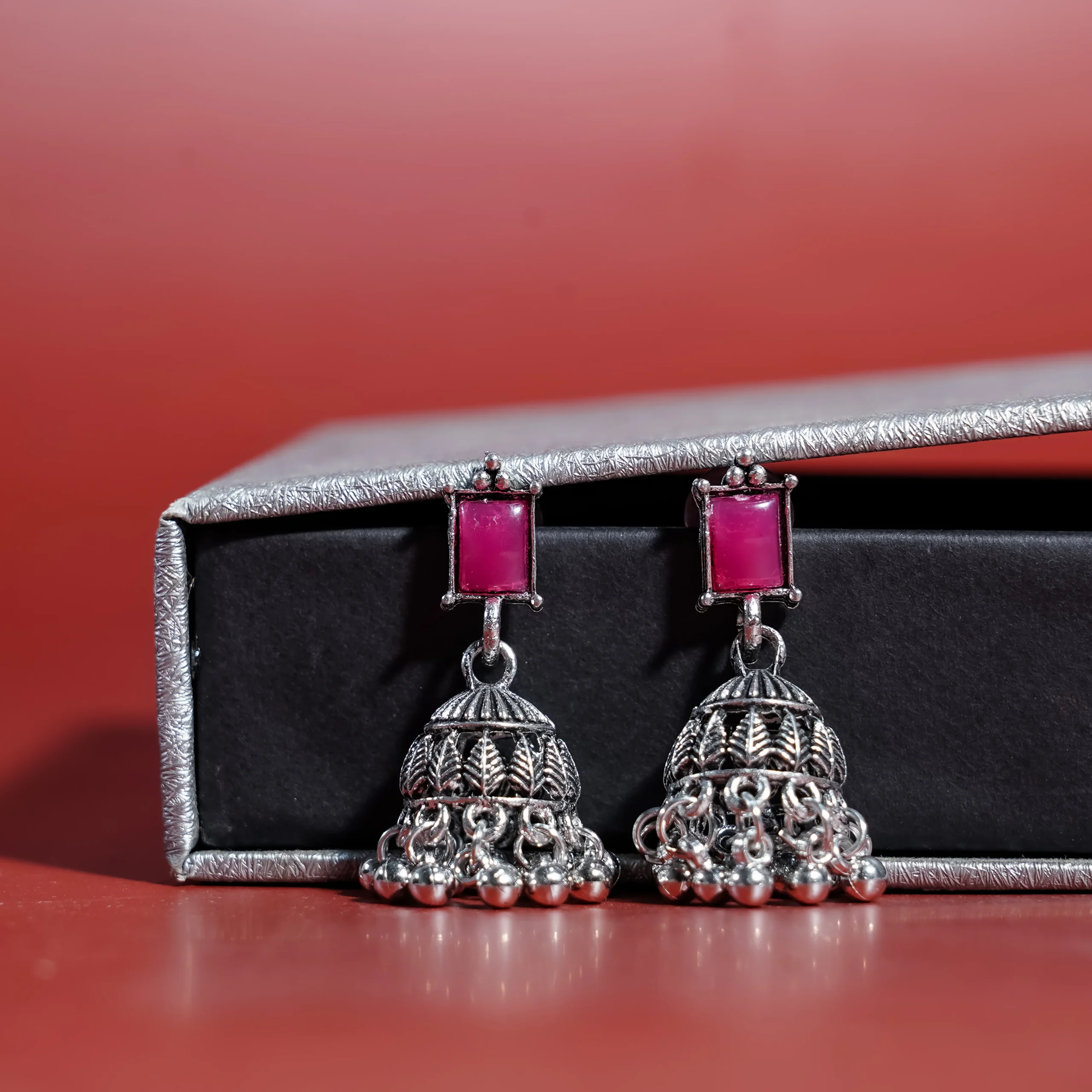 Pink Stone Oxidised Jhumka for Women - Image 3