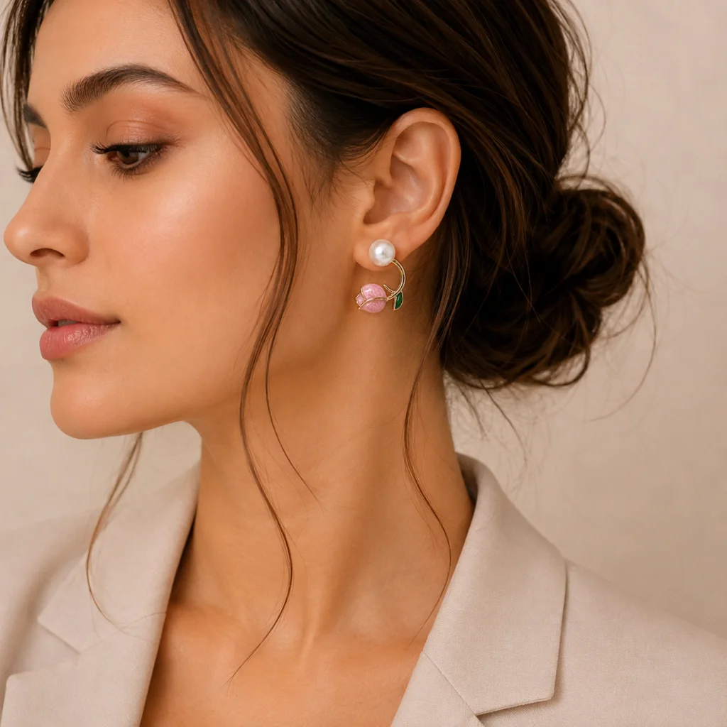 Pink Tulip Pearl Stud Earrings for Women