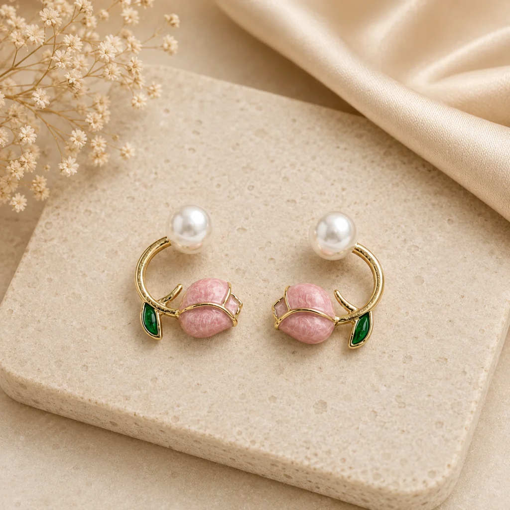 Pink Tulip Pearl Stud Earrings for Women