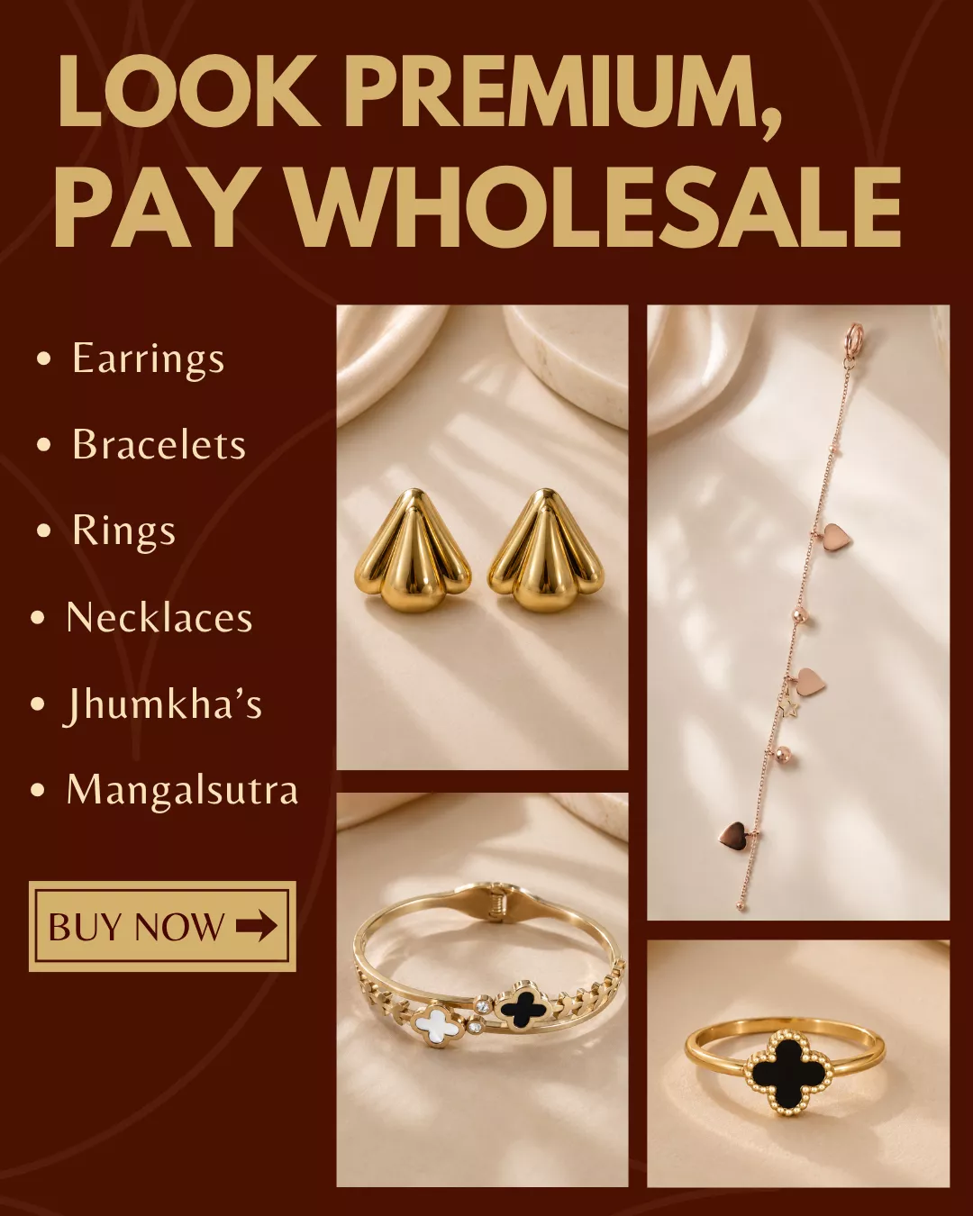 Mobile homepage banner showcasing premium fashion jewellery at wholesale prices, including earrings, bracelets, rings, necklaces, jhumkas, and mangalsutras.