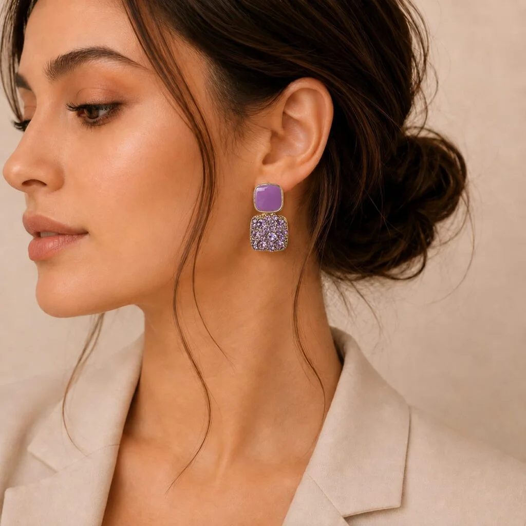 Purple Crystal Statement Stud Earrings for Women