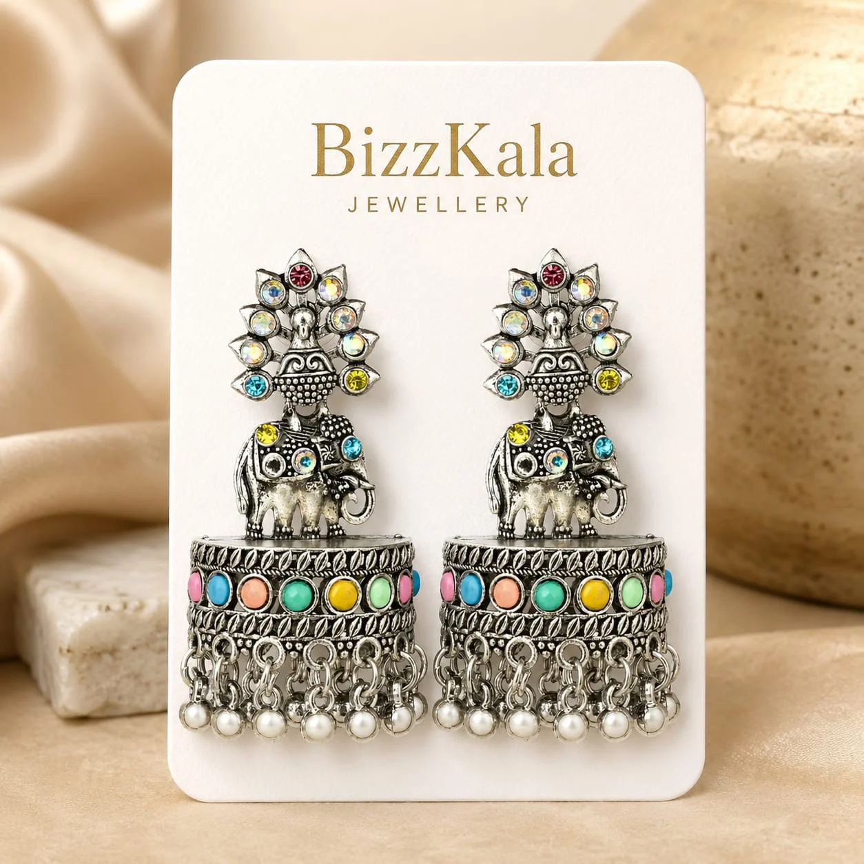 Silver Elephant Multicolor Jhumka for Women - Image 1