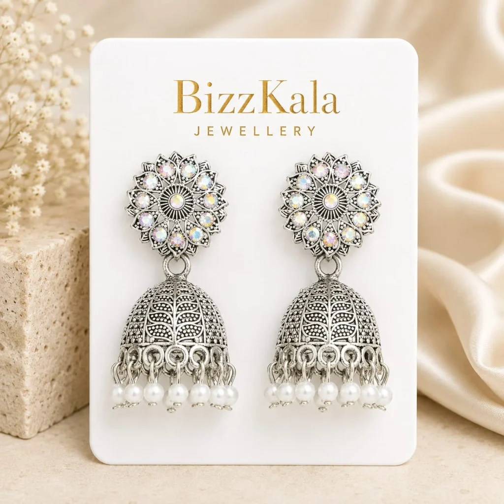 Silver Floral Pearl Jhumka for Women