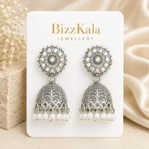 Silver Floral Pearl Jhumka for Women - Image 1