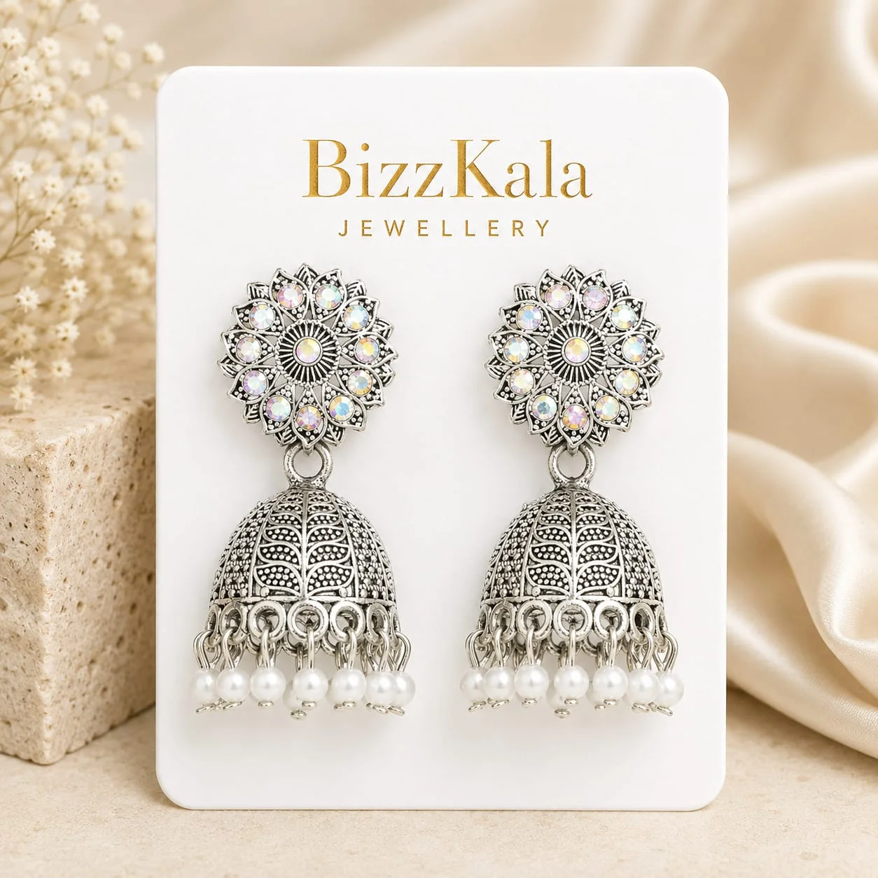 Silver Floral Pearl Jhumka for Women - Image 1