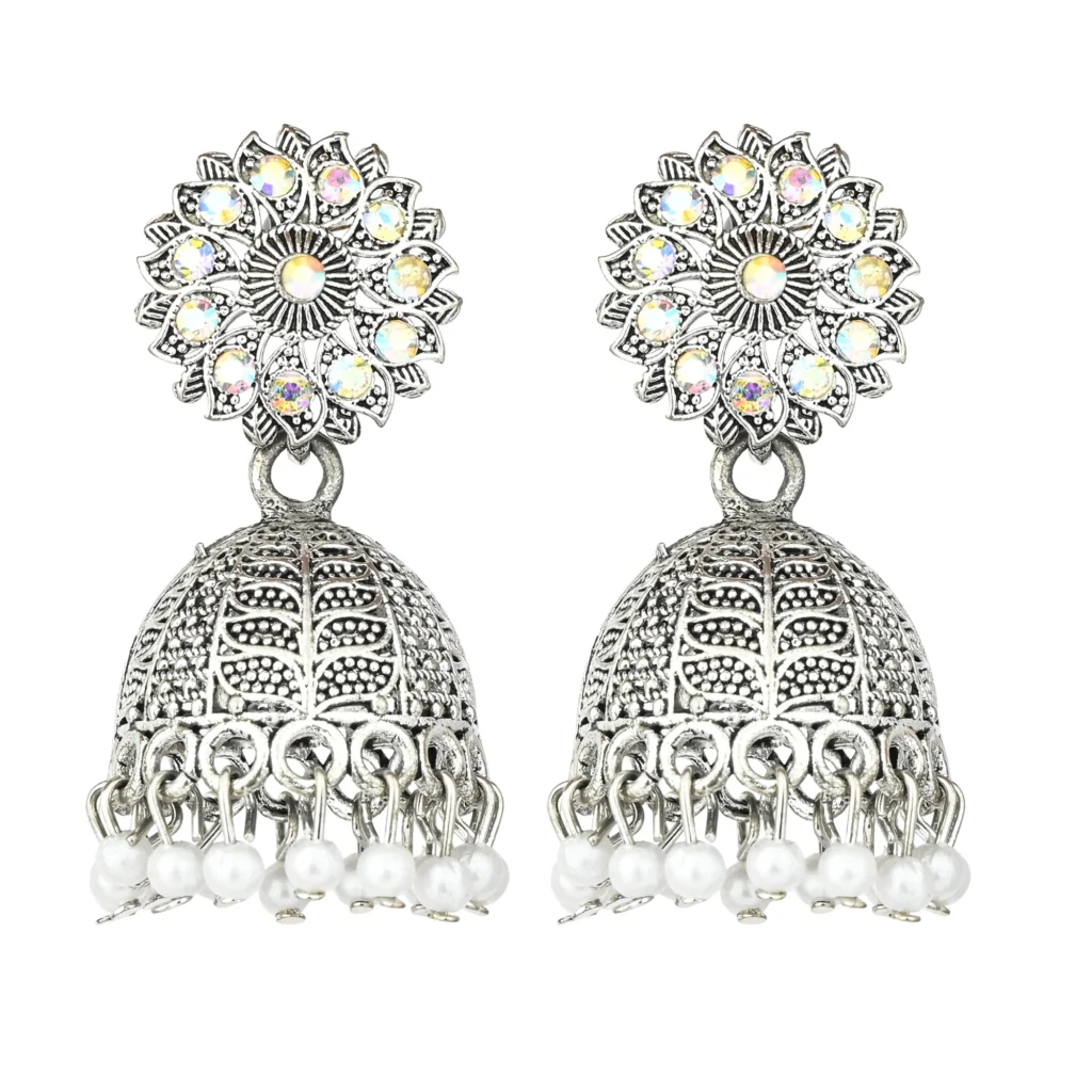 Silver Floral Pearl Jhumka for Women
