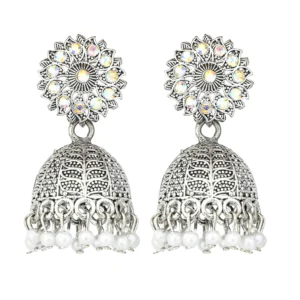 Silver Floral Pearl Jhumka for Women - Image 3
