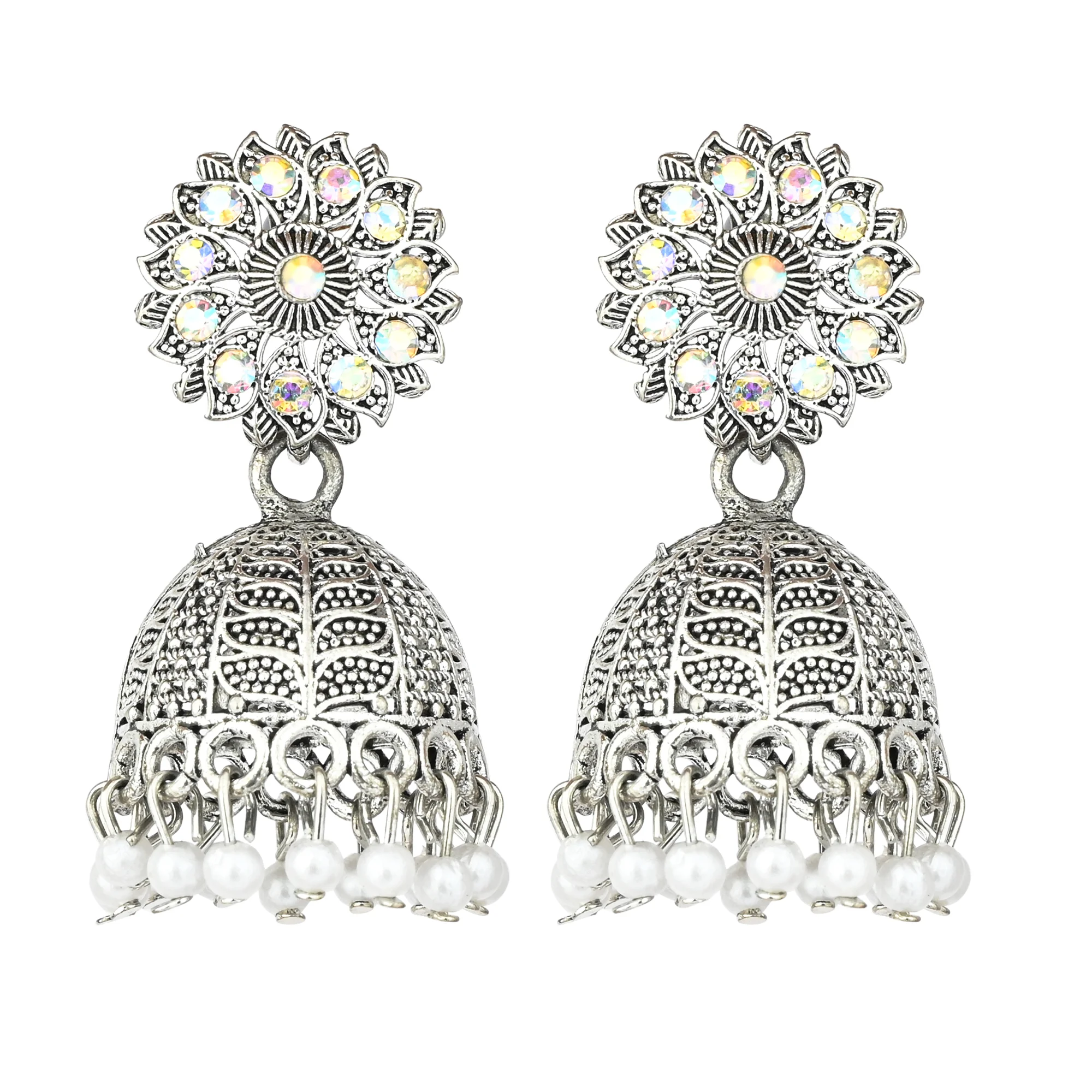 Silver Floral Pearl Jhumka for Women - Image 3