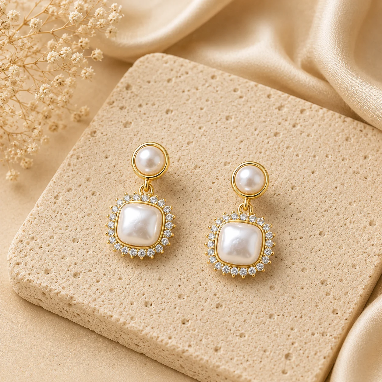Square Pearl Crystal Drop Earrings for Women - Image 3
