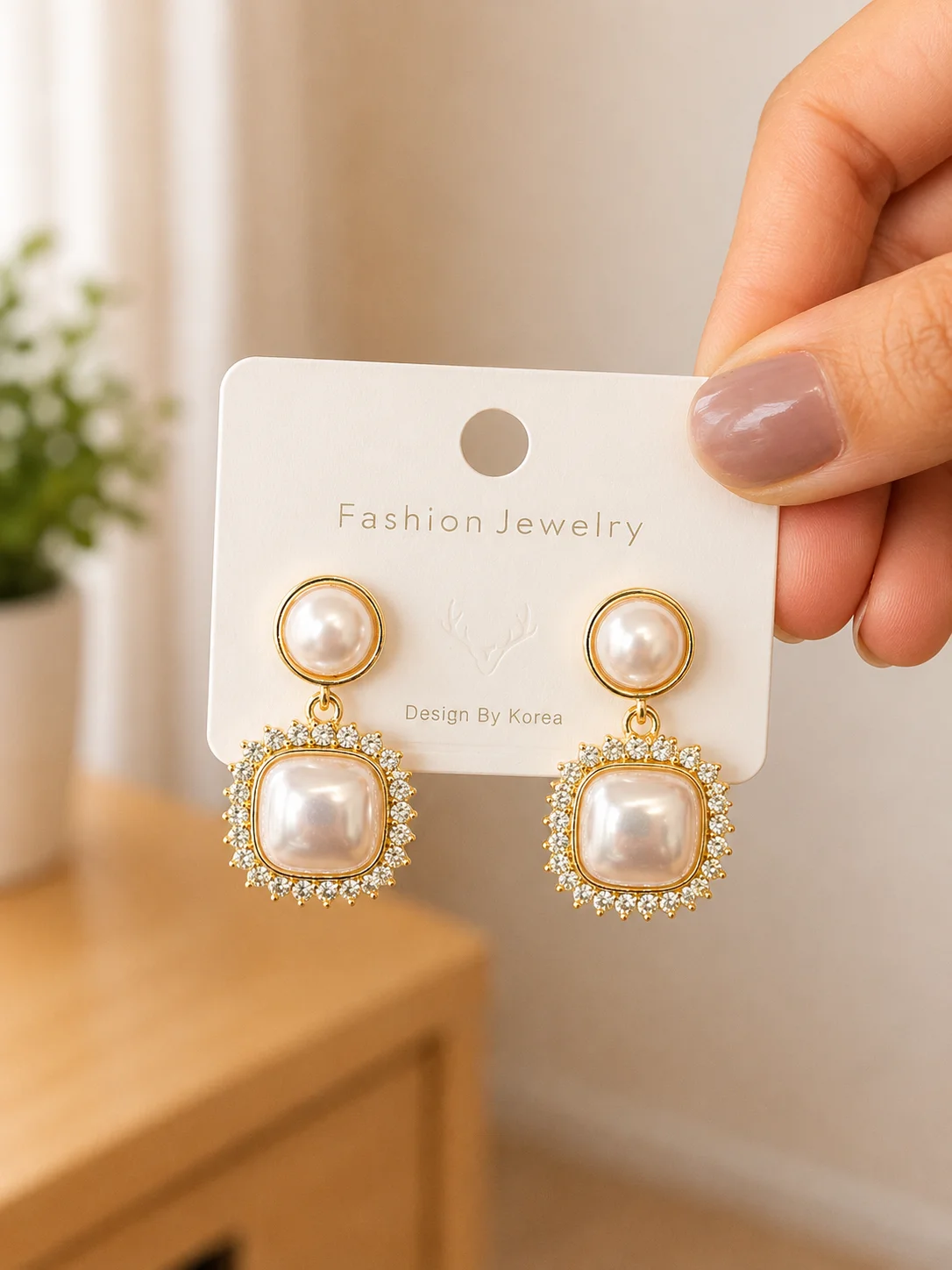 Square Pearl Crystal Drop Earrings for Women - Image 4