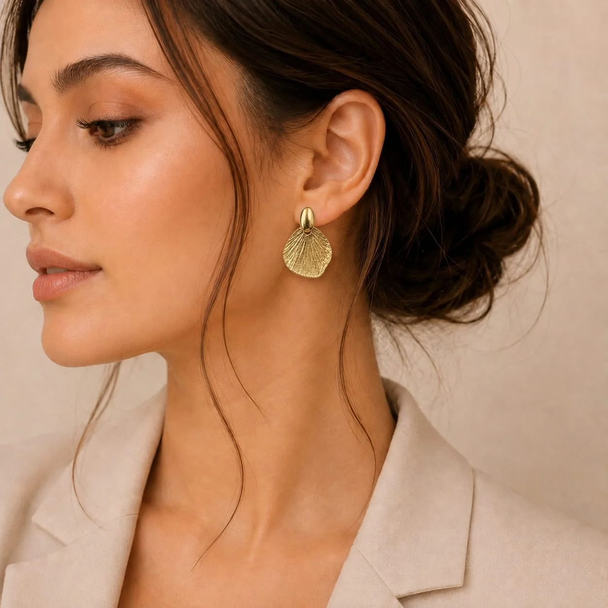 Textured Gold Fan Drop Earrings for Women - Image 2