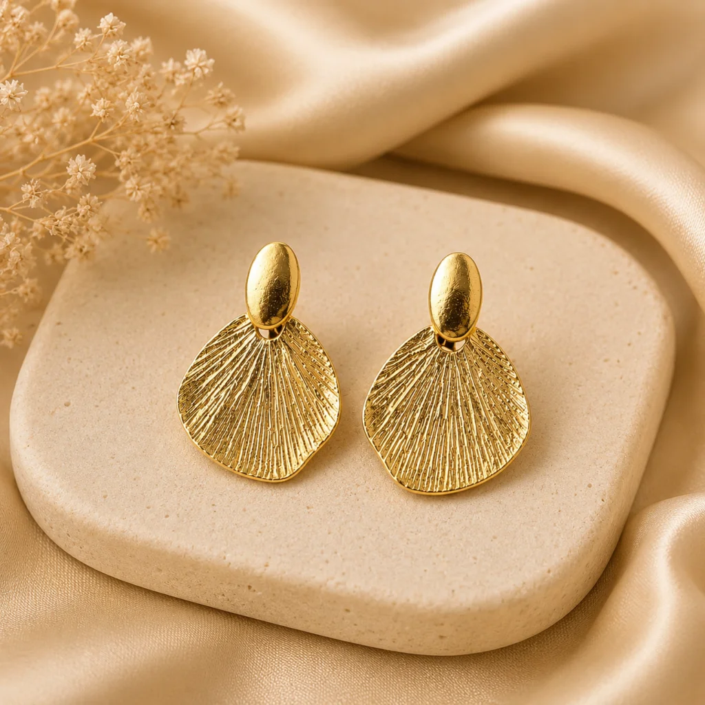Textured Gold Fan Drop Earrings for Women