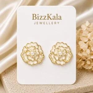 White Flower Pearl Stud Earrings for Women - Image 1