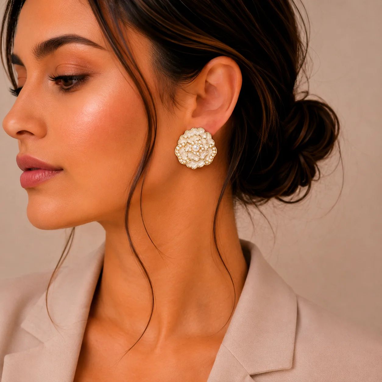 White Flower Pearl Stud Earrings for Women - Image 2