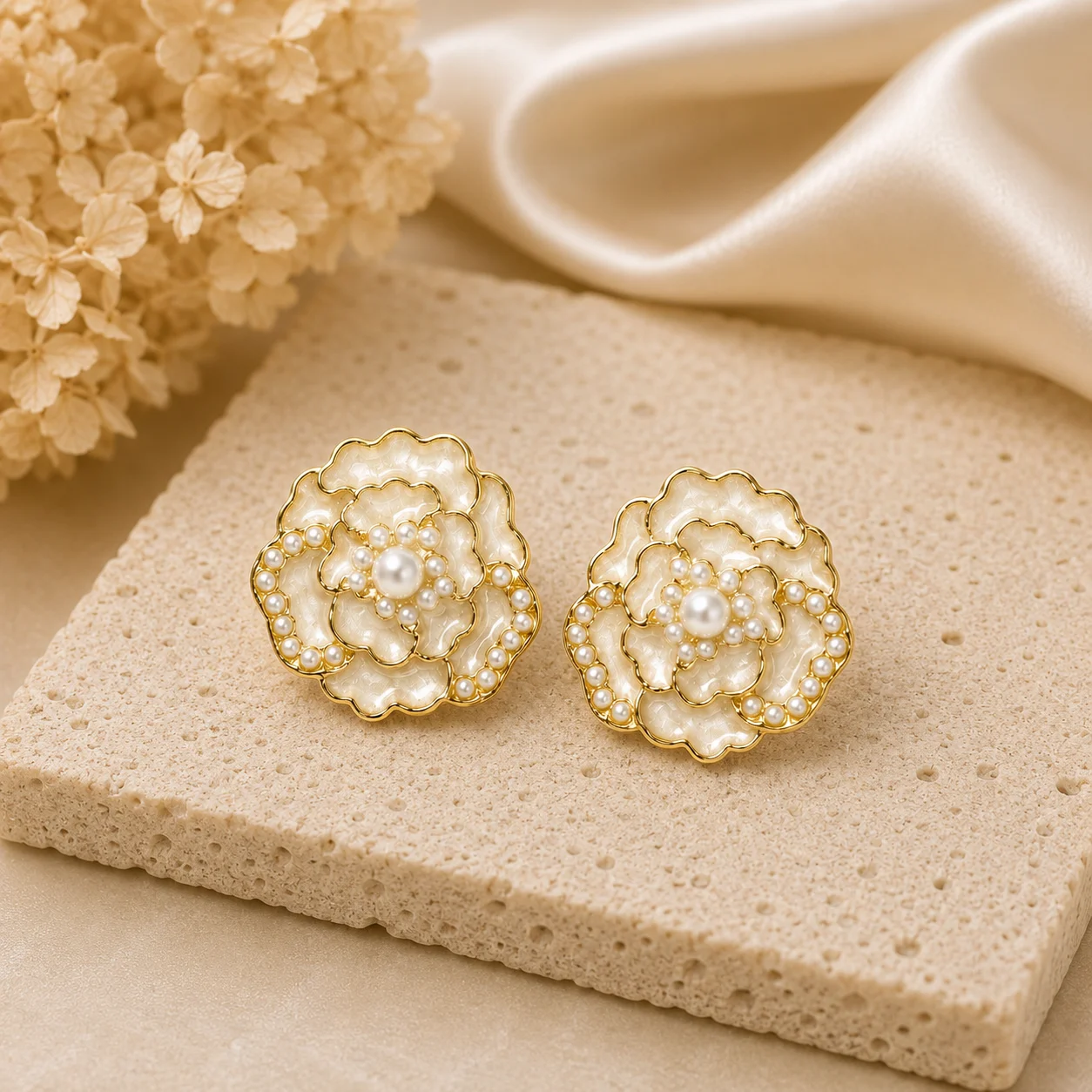 White Flower Pearl Stud Earrings for Women - Image 3