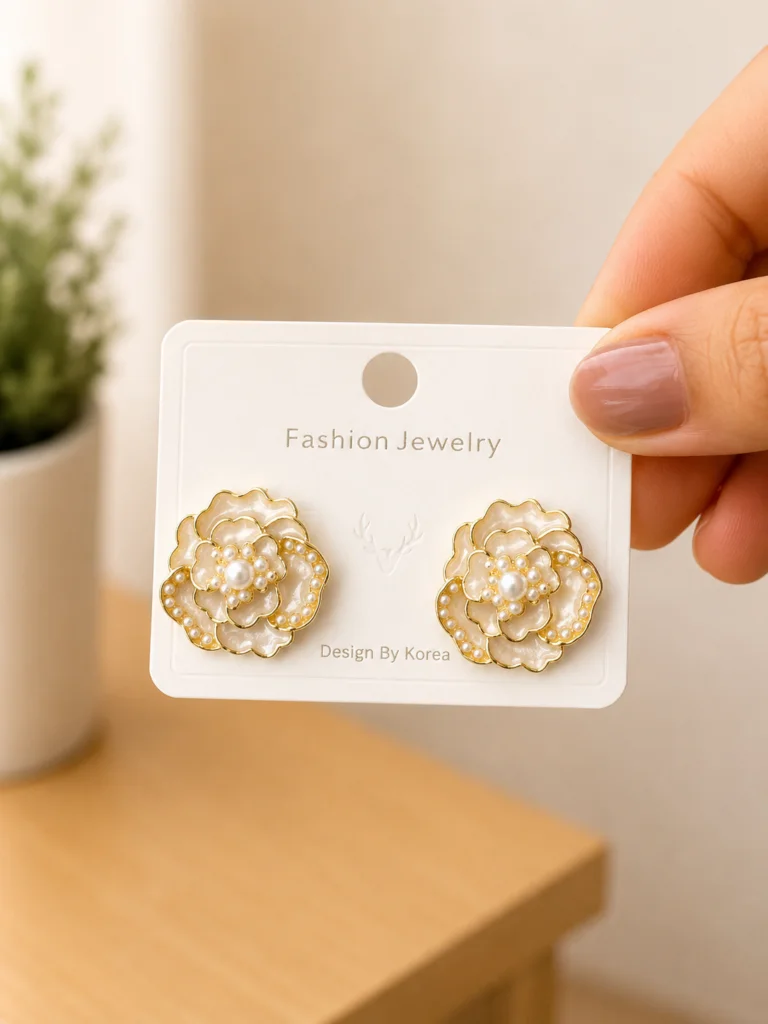 White Flower Pearl Stud Earrings for Women