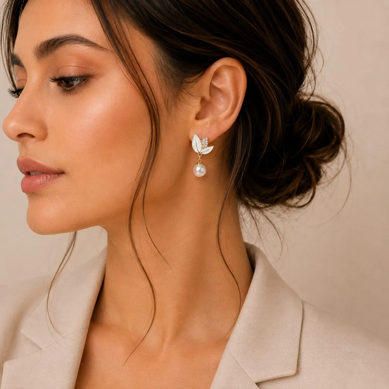 White Leaf Pearl Earrings for Women - Image 2