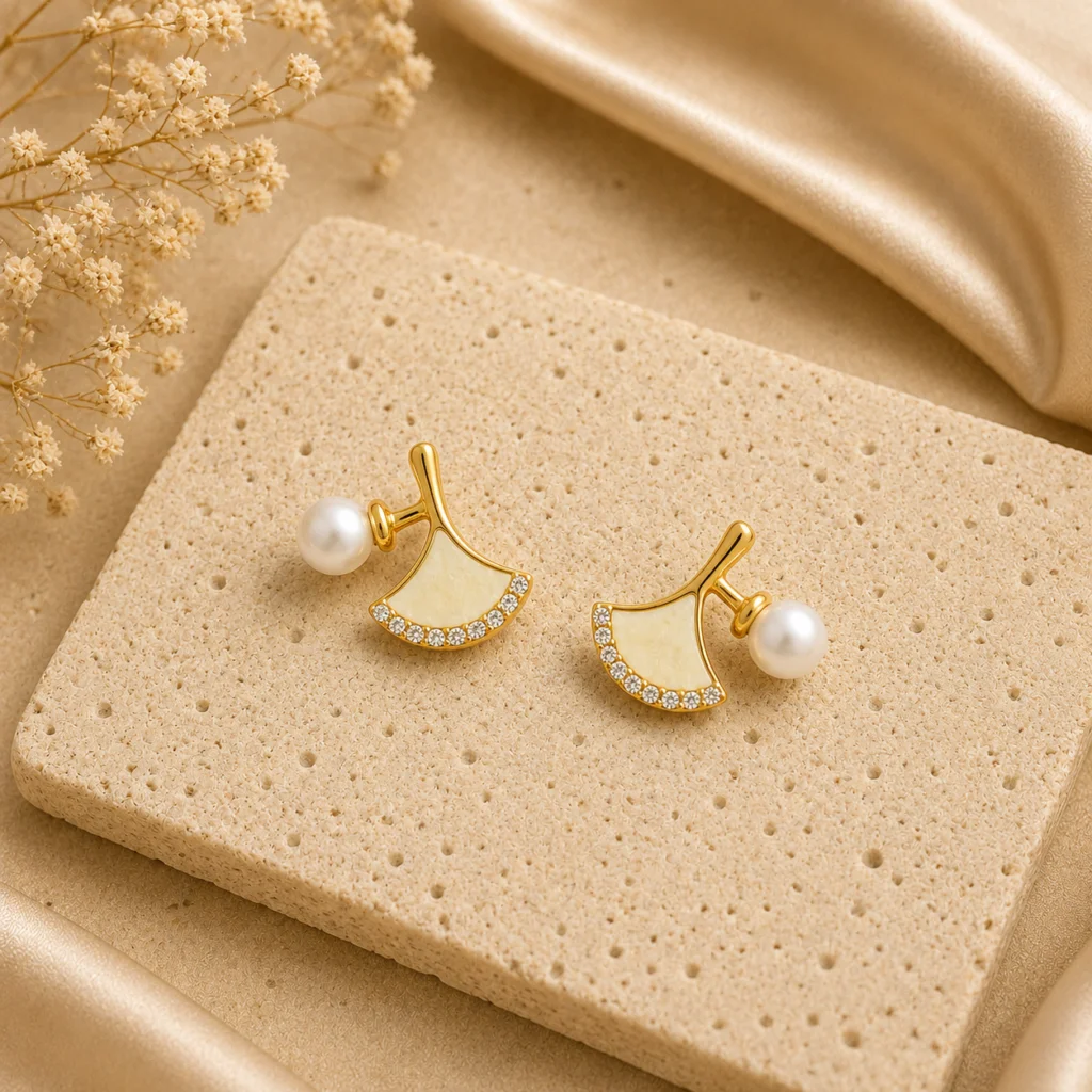 White Leaf Pearl Stud Earrings for Women