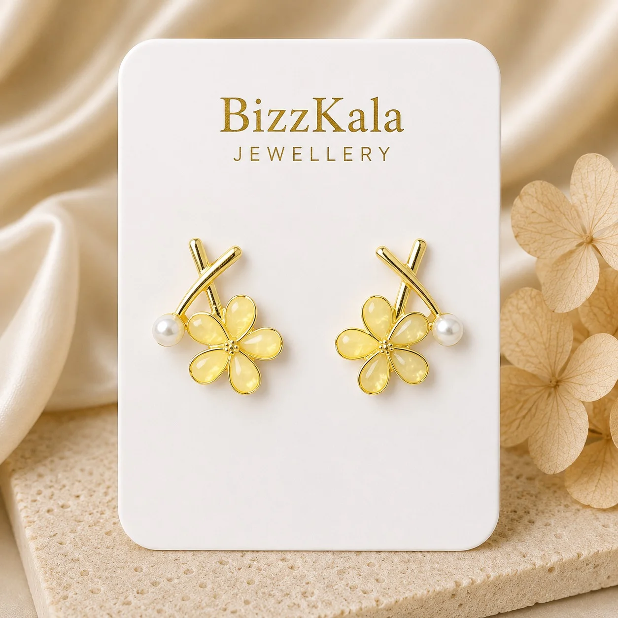 Yellow Flower Pearl Cross Earrings for Women - Image 1