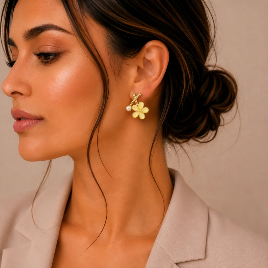 Yellow Flower Pearl Cross Earrings for Women