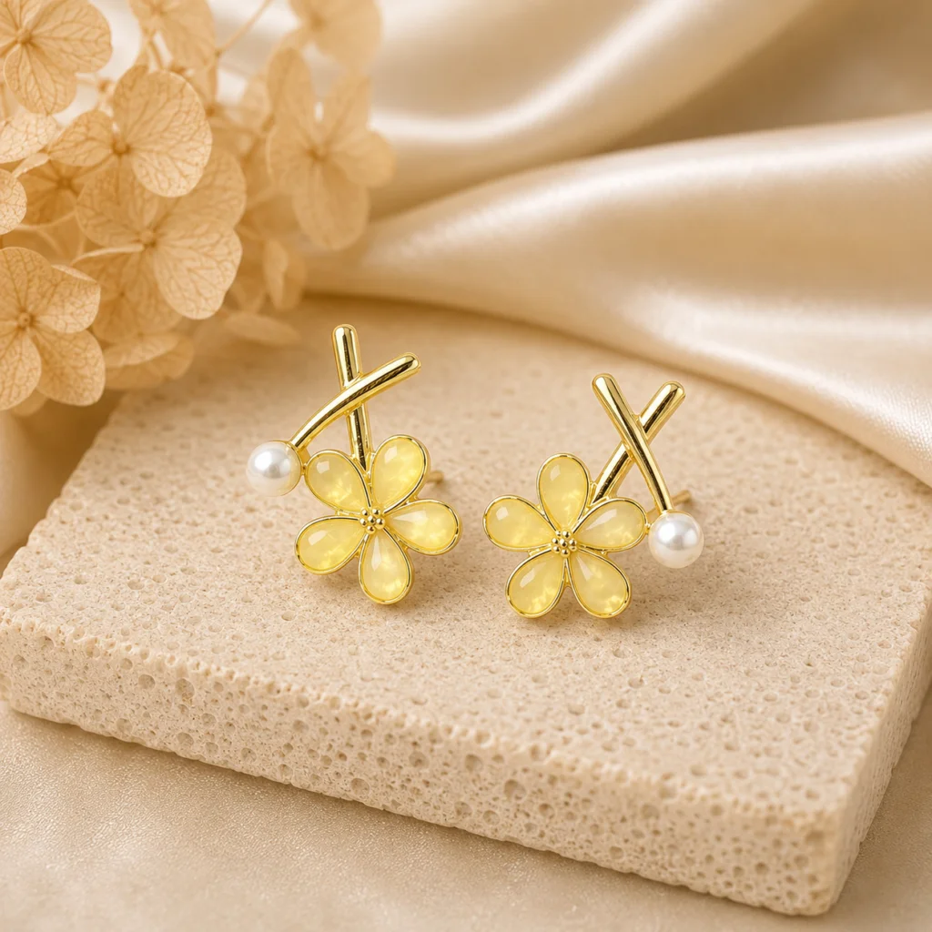 Yellow Flower Pearl Cross Earrings for Women