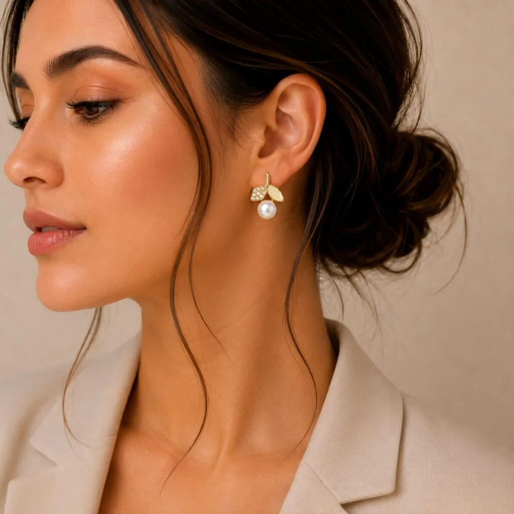 Yellow Leaf Pearl Drop Earrings for Women