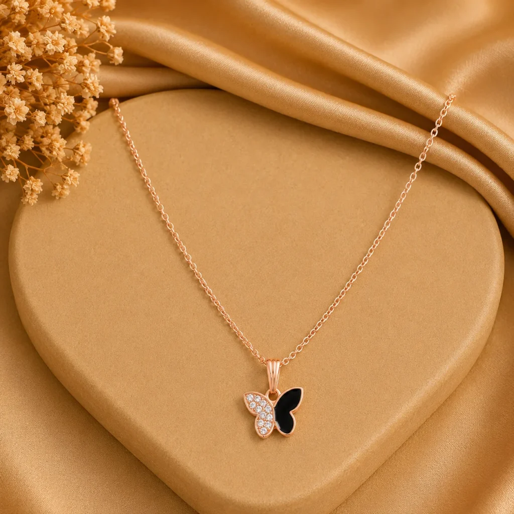 Black & Crystal Butterfly Pendant Necklace for Women