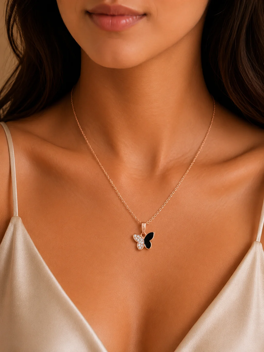 Black & Crystal Butterfly Pendant Necklace for Women - Image 2
