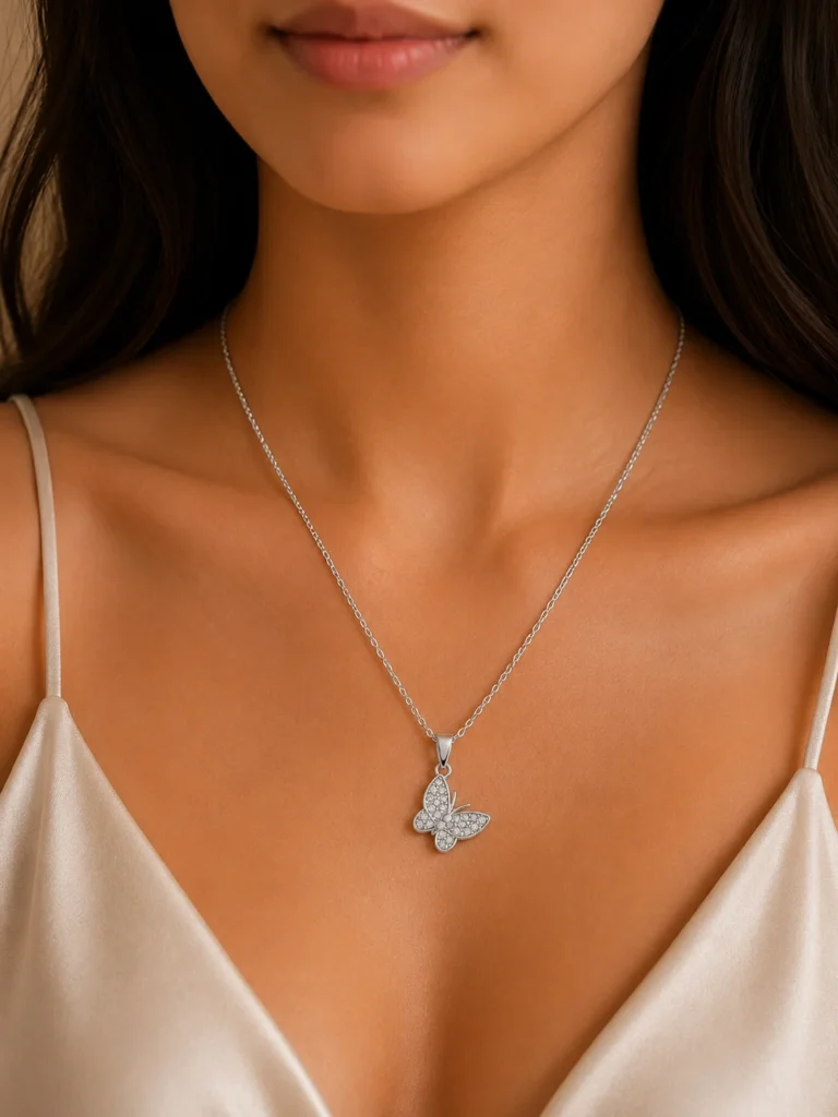 White Butterfly Crystal Pendant Necklace for Women