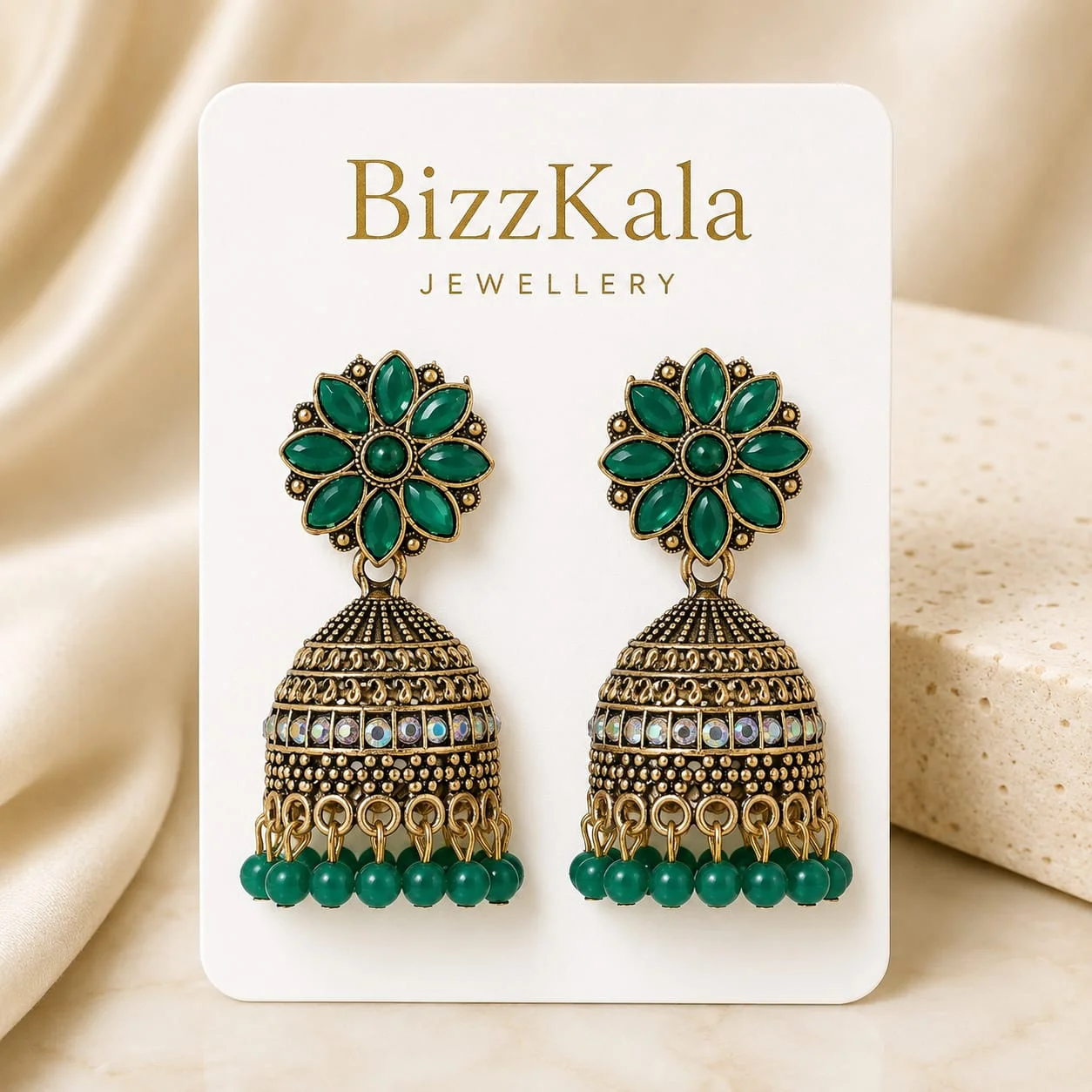 Emerald Green Floral Beaded Jhumka for Women - Image 1