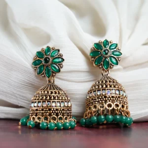 Emerald Green Floral Beaded Jhumka for Women - Image 3