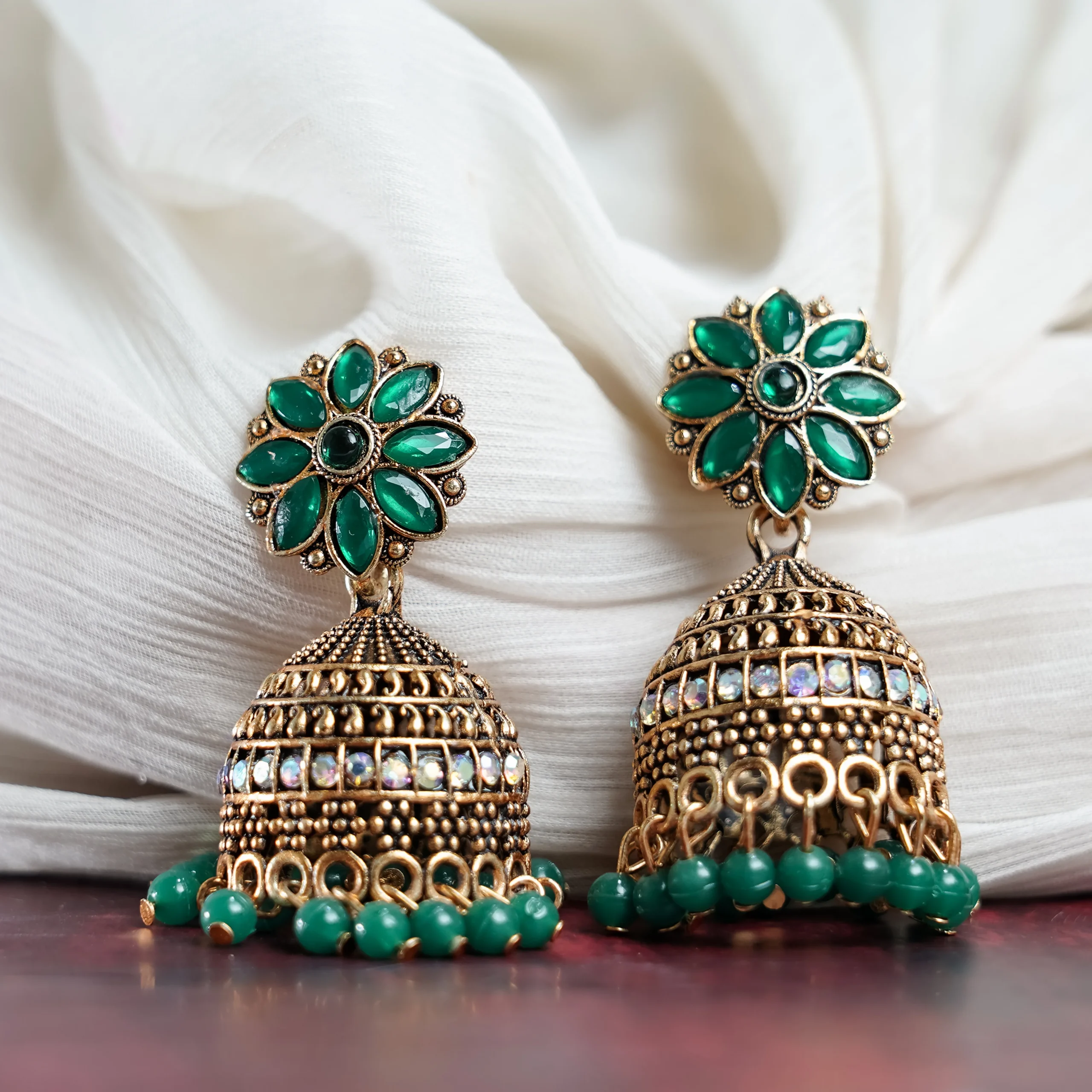 Emerald Green Floral Beaded Jhumka for Women - Image 3
