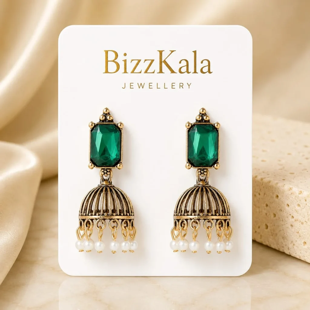 Emerald Green Stone Pearl Jhumka for Women