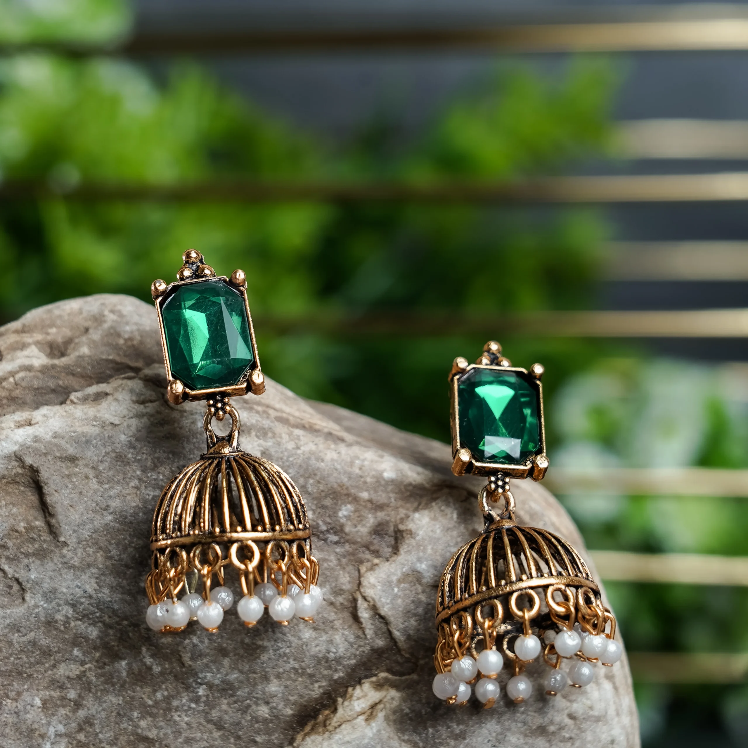 Emerald Green Stone Pearl Jhumka for Women - Image 3