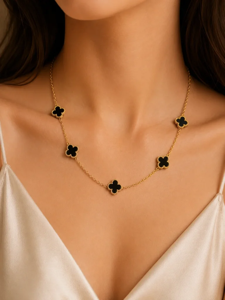 Gold-Tone Black Clover Charm Necklace for Women