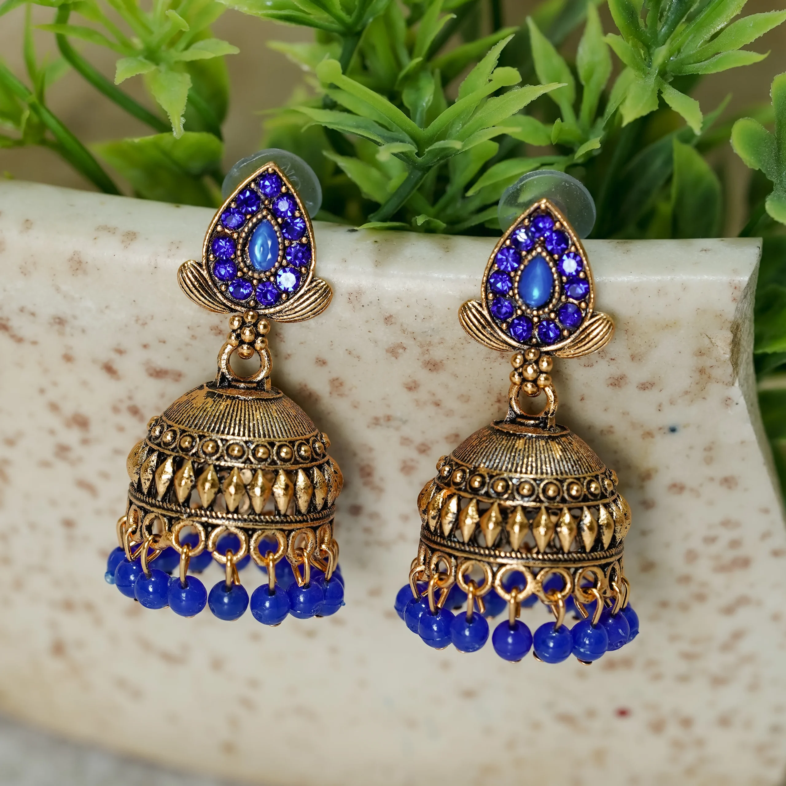 Gold-Tone Blue Stone Jhumka for Women - Image 3