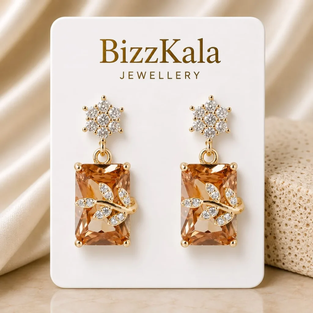 Gold-Tone Champagne Stone Crystal Leaf Jhumka for Women