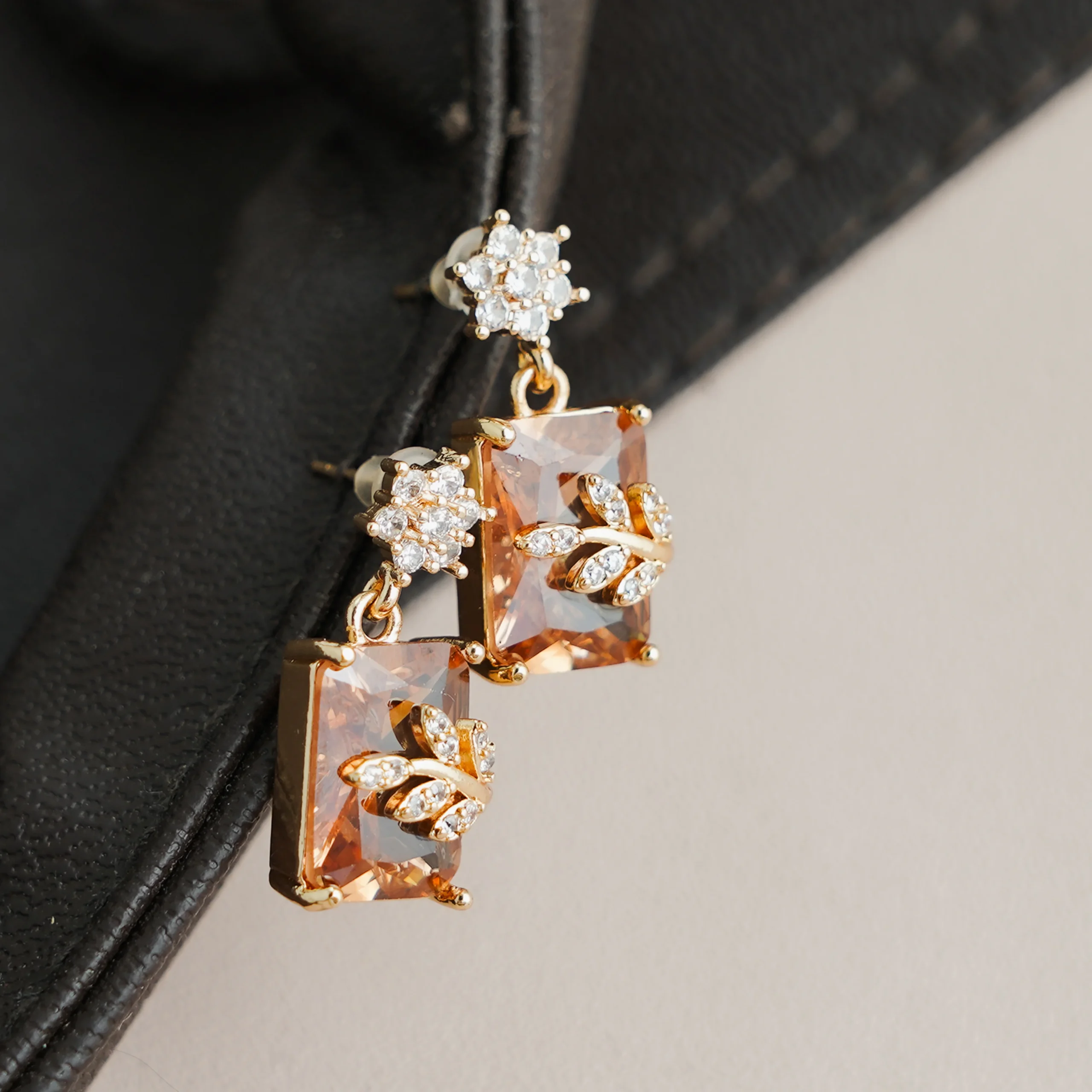 Gold-Tone Champagne Stone Crystal Leaf Jhumka for Women - Image 3